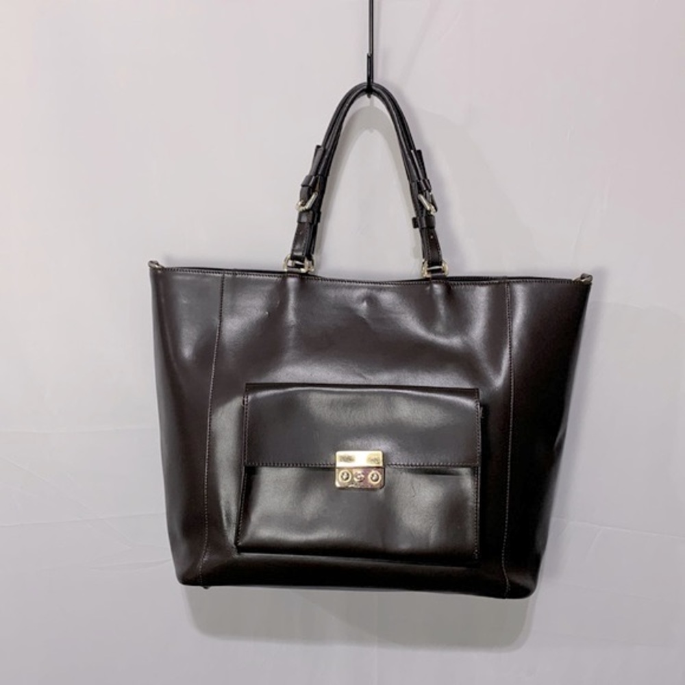 LAURA DI Maggio leather tote bag goldtone hardware adj straps pockets lined